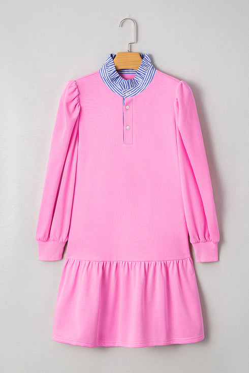 Contrast Striped Collar Patchwork Puff Sleeve Ruffle Hem Mini Dress